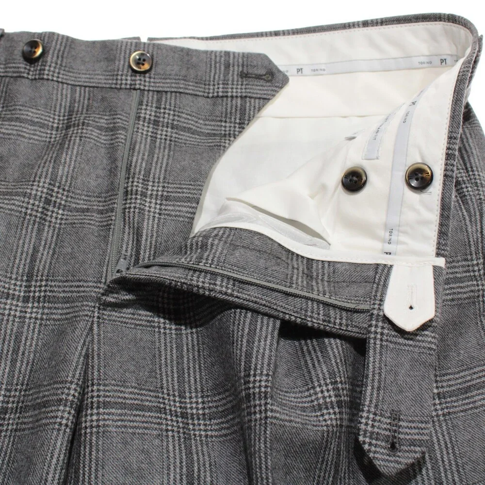 PT Torino NWT Pleated Dress Pants Size 50 (US 34) Super 100s in Gray Plaid Wool